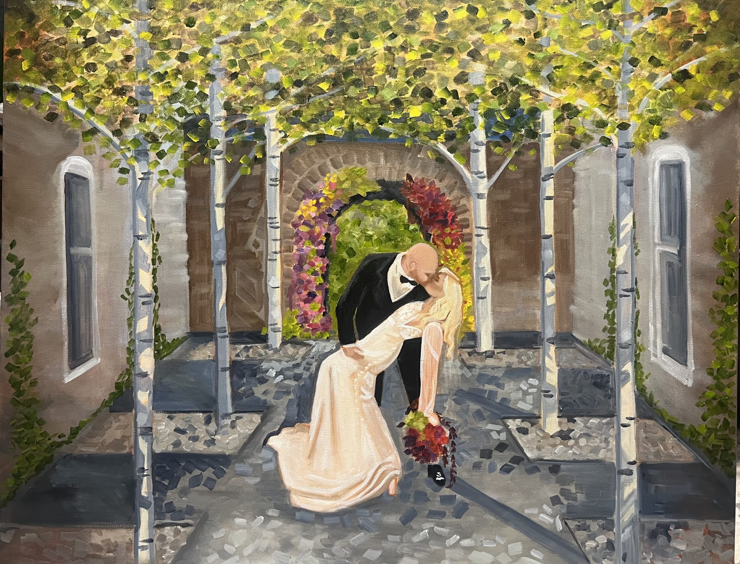 An oil portrait depicting a bride and groom sharing a dip kiss at the end of an aisle lined with colorful aspen trees. At the Surf Hotel in Buena Vista, Colorado