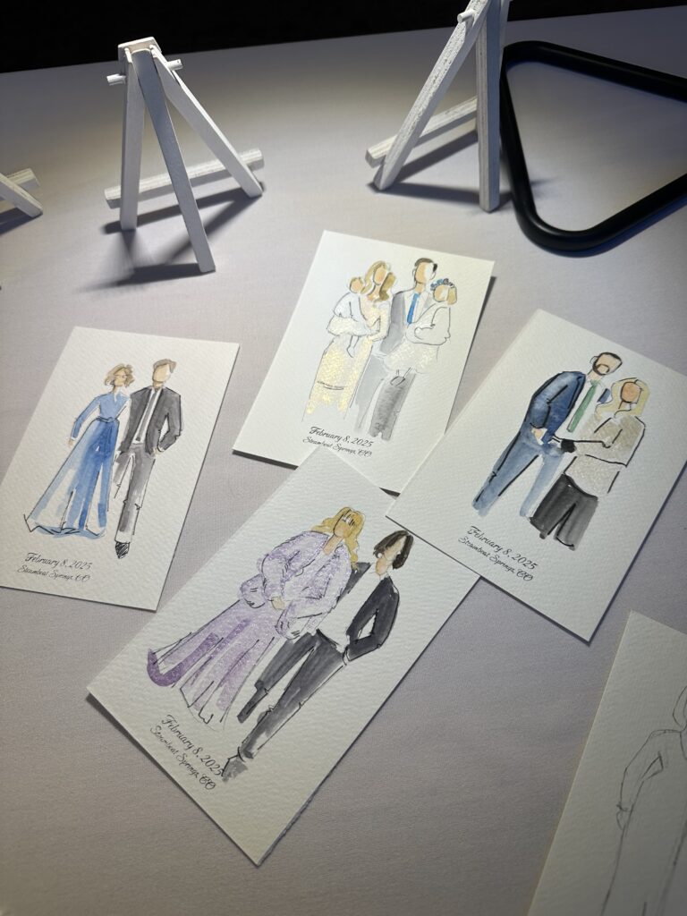 custom watercolor guest portrait favors steamboat springs Colorado live wedding event painter Olivia Andruss