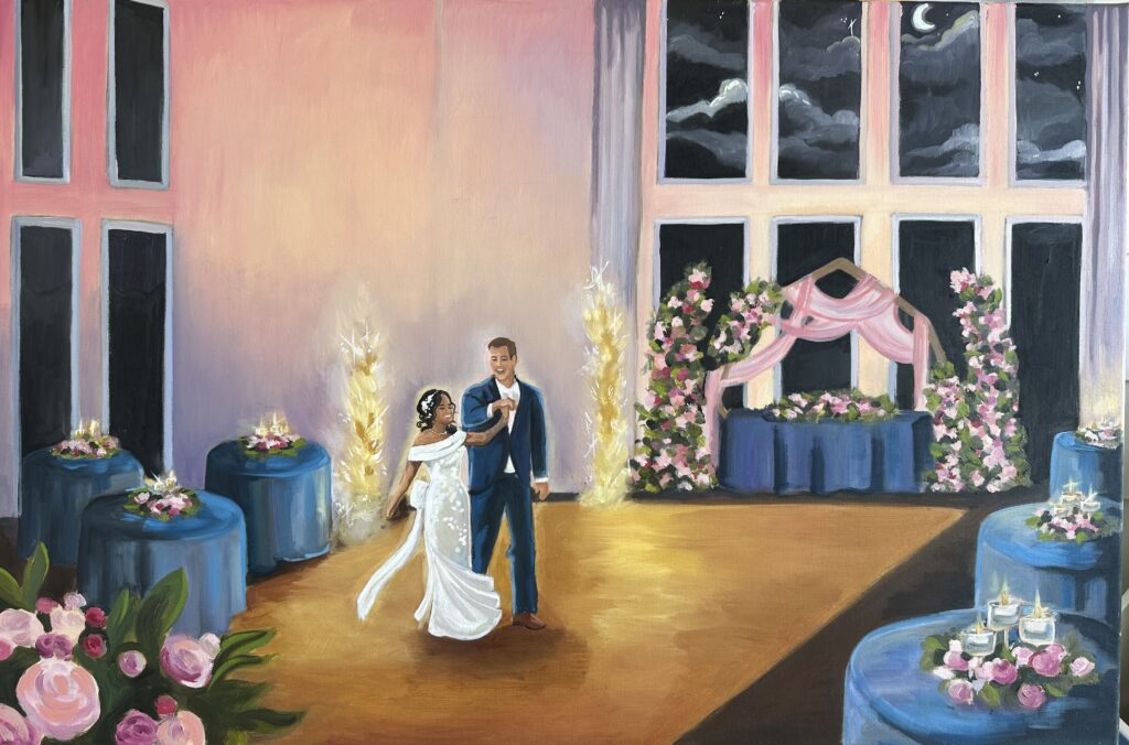 A live wedding painting created by Denver, Colorado artist Olivia Andruss at Ashley Ridge by Wedgewood Weddings.